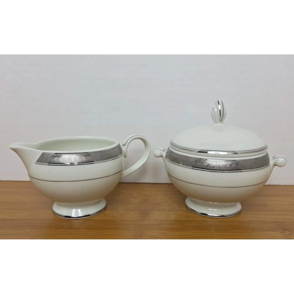 Mikasa Fine China Palatial Platinum Creamer & Sugar Bowl‎ L3235 White & Silver